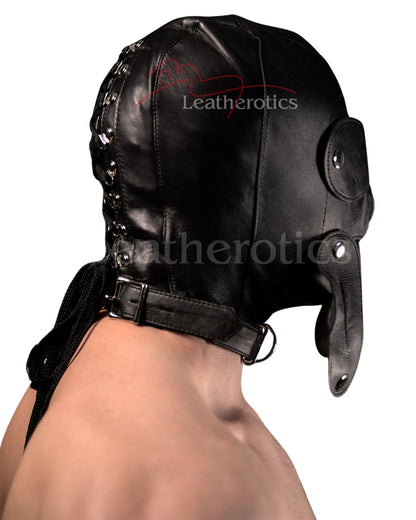 Leather BDSM Hood Detachable Eyepad Gag M2