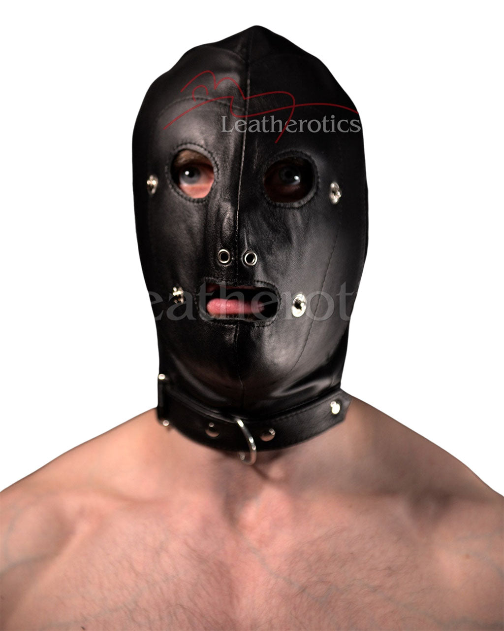 Leather BDSM Hood Detachable Eyepad Gag M2