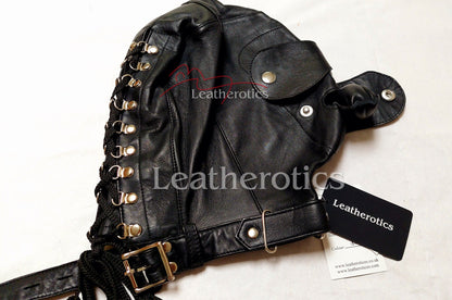 Leather BDSM Hood Detachable Eyepad Gag M2