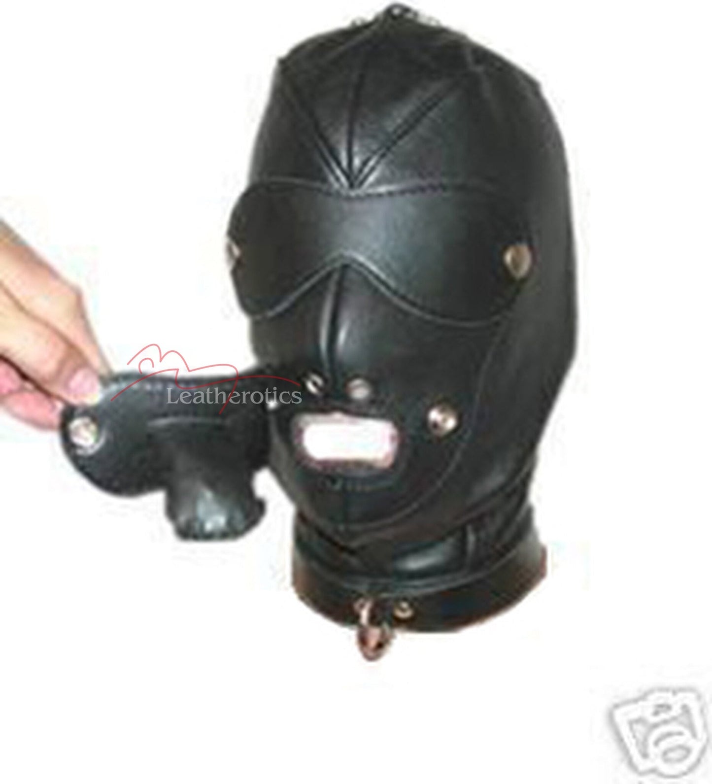 Leather BDSM Hood Detachable Eyepad Gag M2